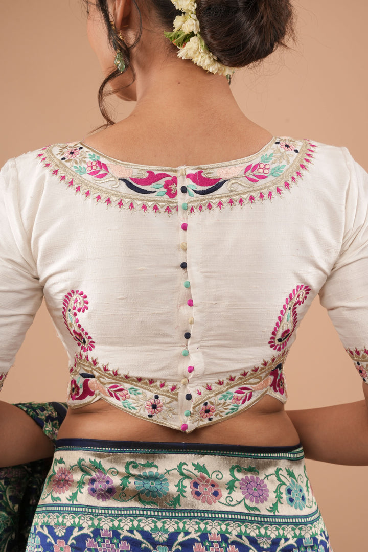 White Pure Raw Silk Blouse With Multicolor machine embroidery, Customizable, Made to order