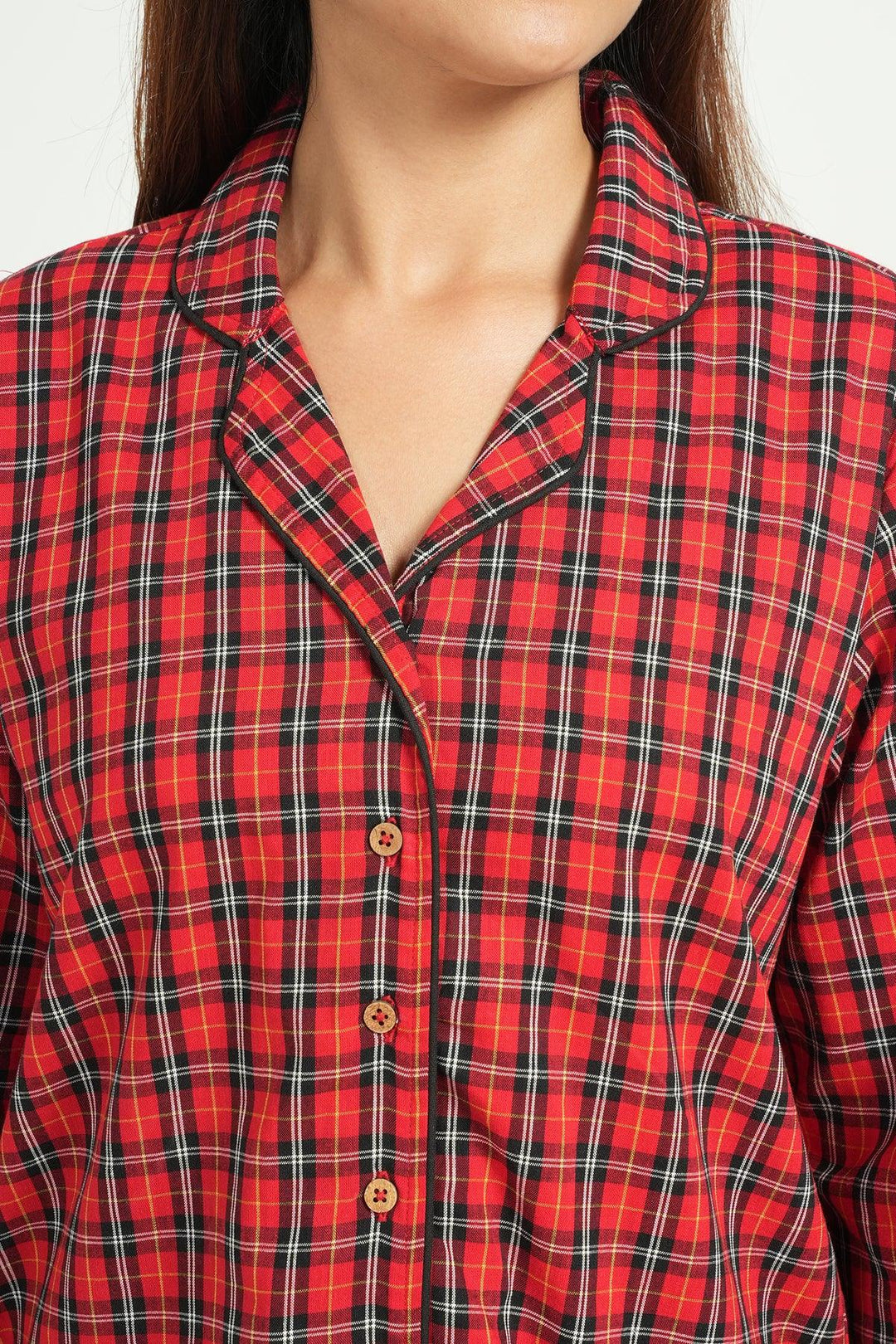 Checkered Red Cotton Loungewear Set | SHOBITAM