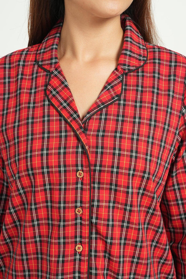 Checkered Red Cotton Loungewear Set | SHOBITAM