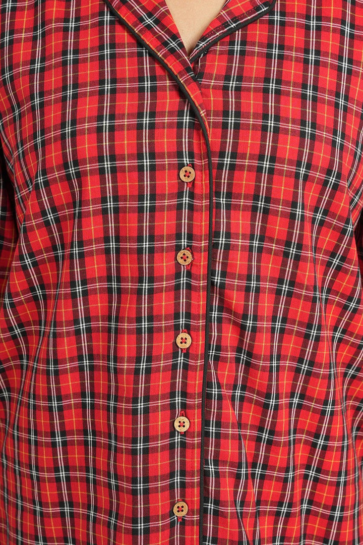Checkered Red Cotton Loungewear Set | SHOBITAM
