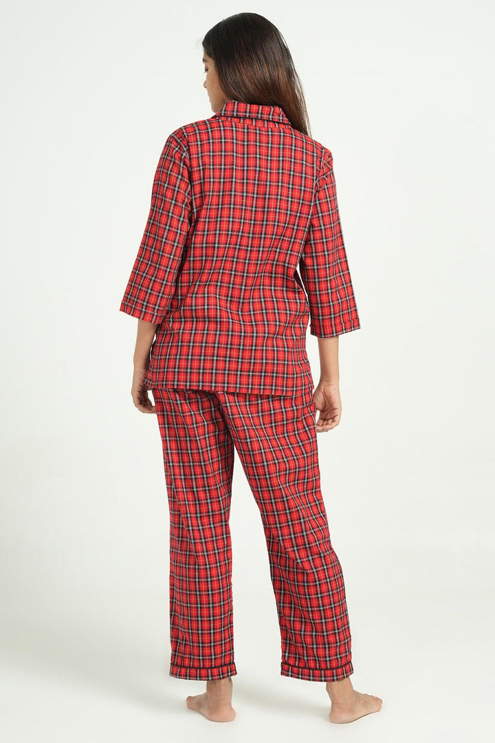 Checkered Red Cotton Loungewear Set | SHOBITAM