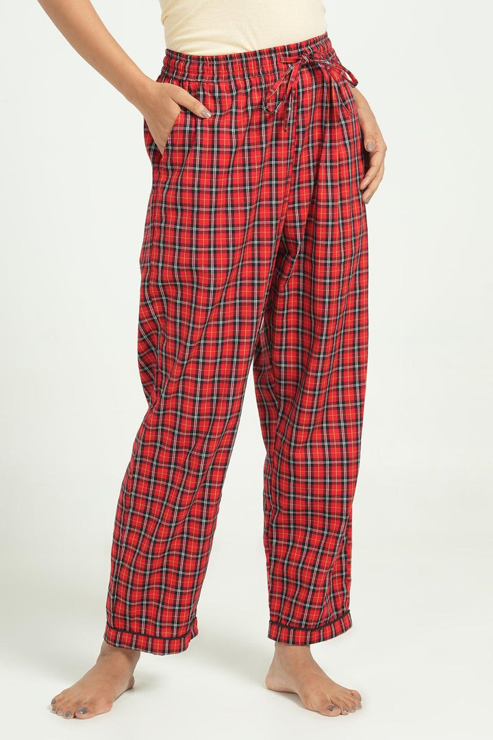 Checkered Red Cotton Loungewear Set | SHOBITAM