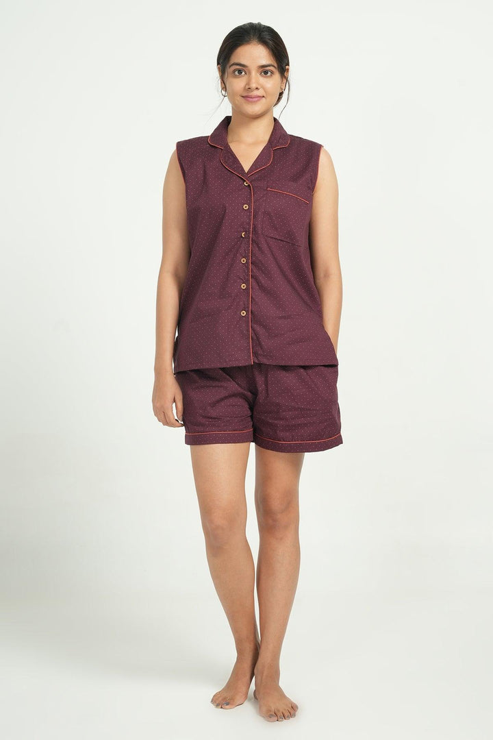 Heena Maroon Cotton Nightsuit | SHOBITAM