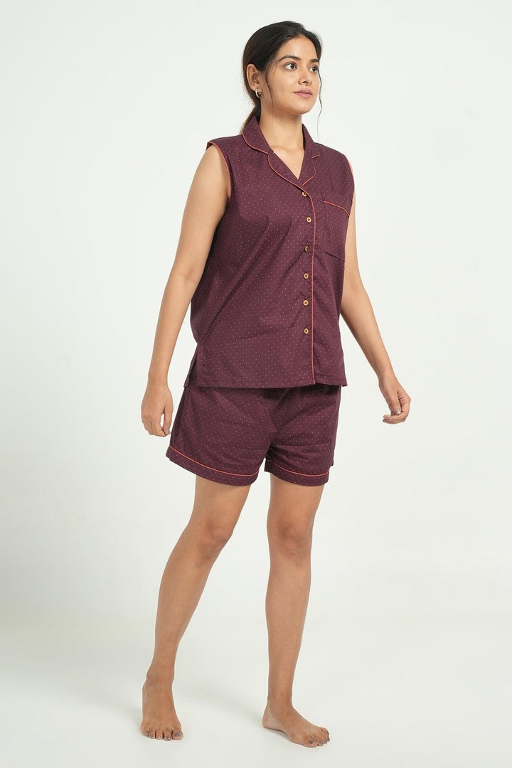 Heena Maroon Cotton Nightsuit | SHOBITAM