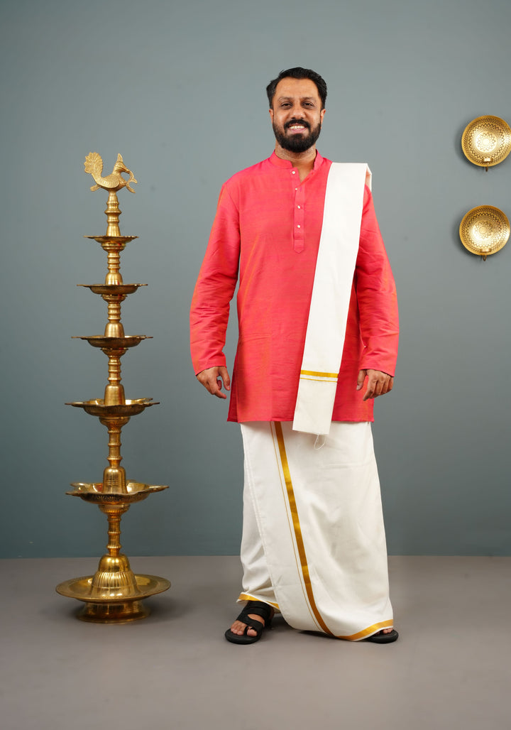 Men's Pink Coral Dual tone Cotton Solid Straight Kurta