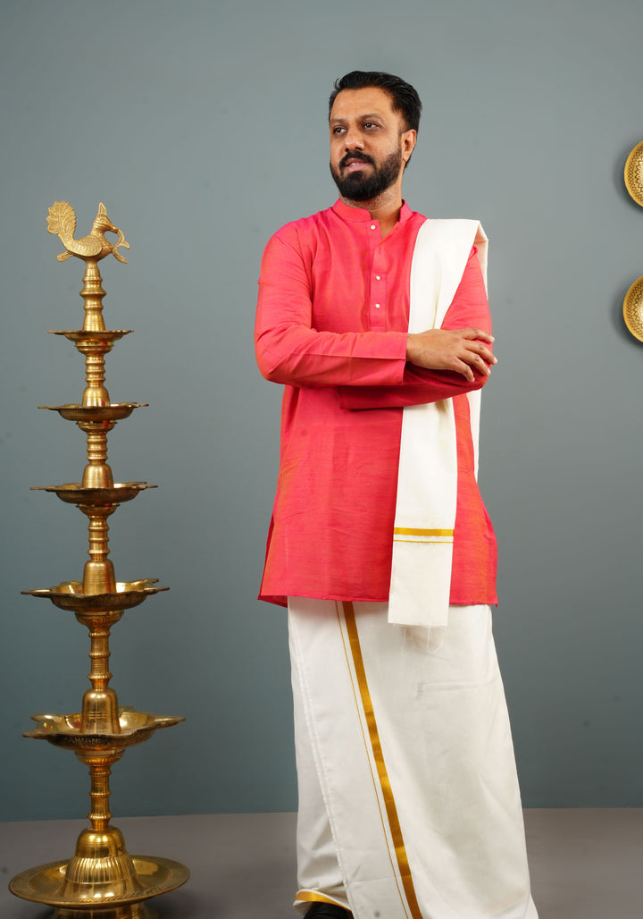 Men's Pink Coral Dual tone Cotton Solid Straight Kurta
