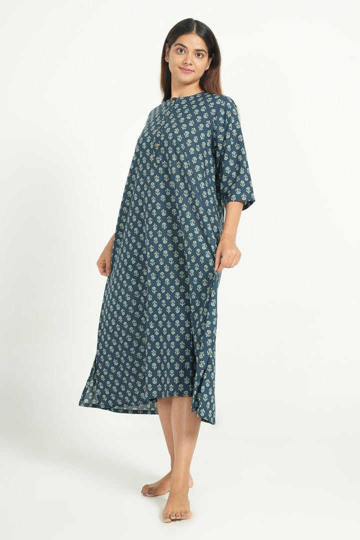 Hridaya Blue Cotton Butta Print Loose Fit Loungwear | SHOBITAM