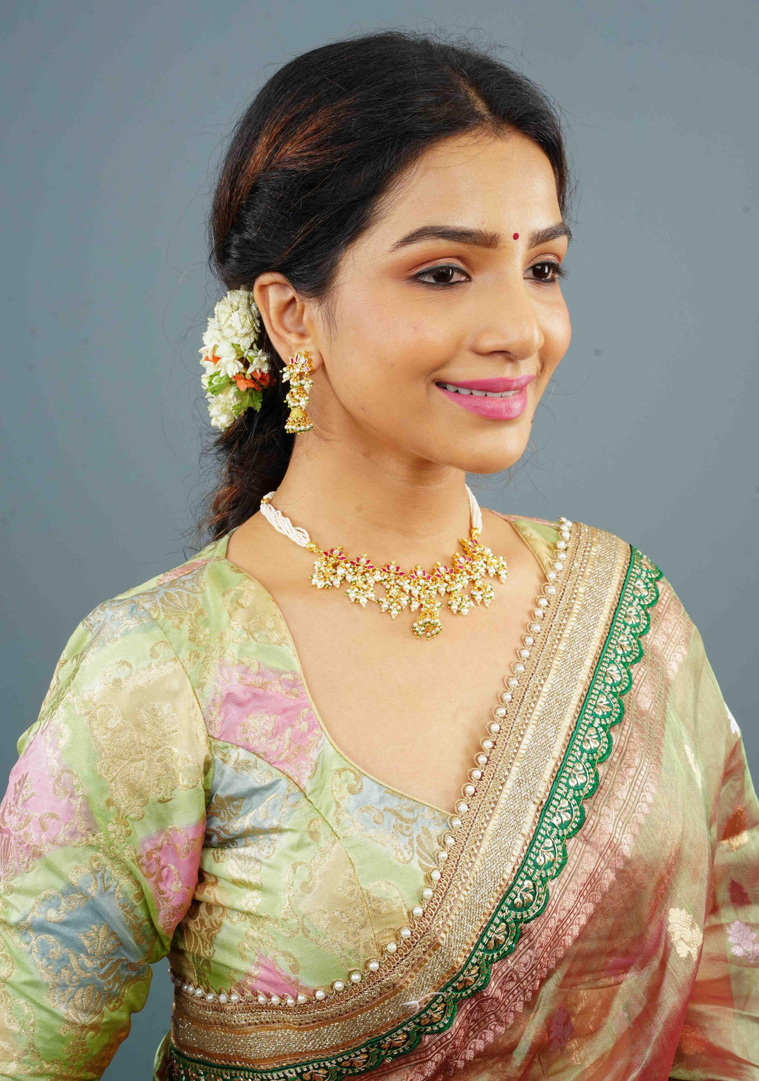 Banarasi Pastel Hued Blouse with Rangkaat Design Ombre and beaded trim back detailing, Customizable, Made to Order
