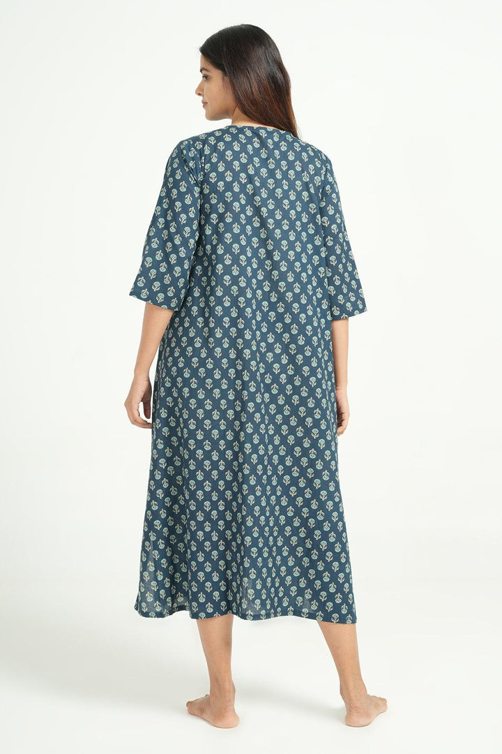 Hridaya Blue Cotton Butta Print Loose Fit Loungwear | SHOBITAM