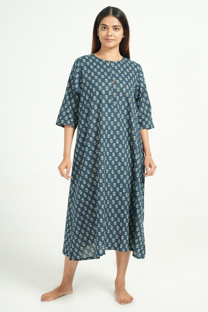 Hridaya Blue Cotton Butta Print Loose Fit Loungwear | SHOBITAM