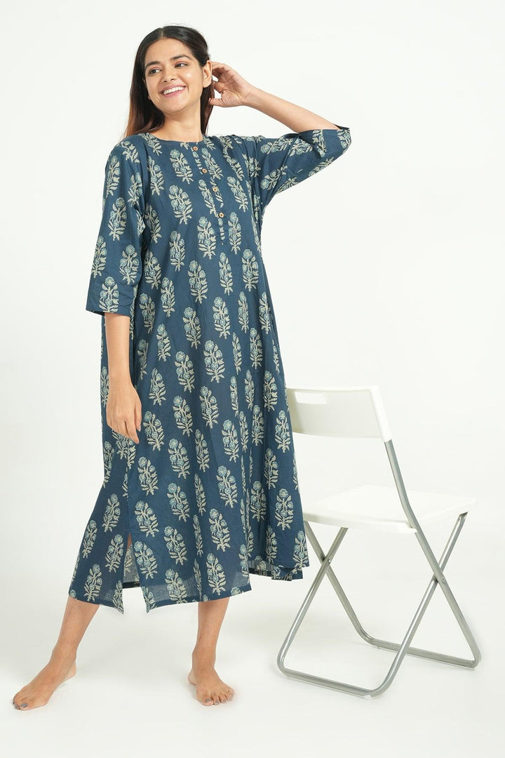 Hridaya Blue Cotton Butta Print Loose Fit Loungwear | SHOBITAM
