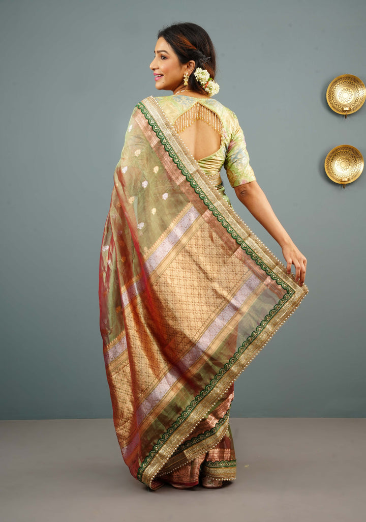 Banarasi Pastel Hued Blouse with Rangkaat Design Ombre and beaded trim back detailing, Customizable, Made to Order