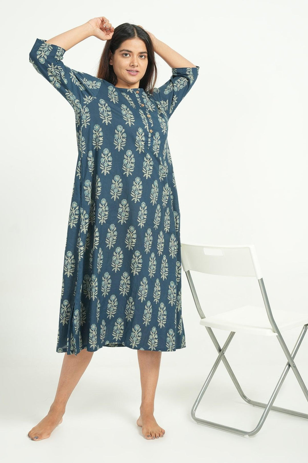 Hridaya Blue Cotton Butta Print Loose Fit Loungwear | SHOBITAM
