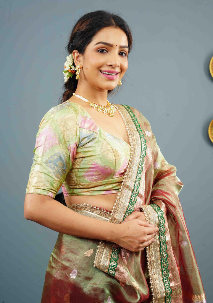 Banarasi Pastel Hued Blouse with Rangkaat Design Ombre and beaded trim back detailing, Customizable, Made to Order