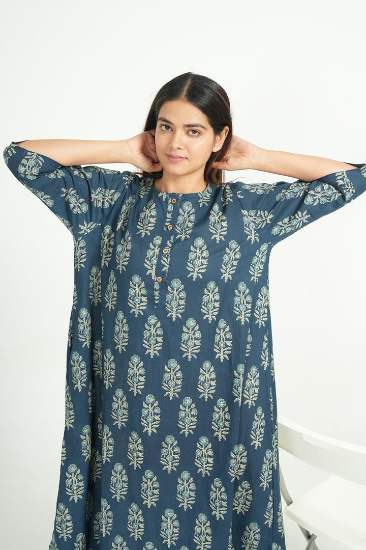 Hridaya Blue Cotton Butta Print Loose Fit Loungwear | SHOBITAM