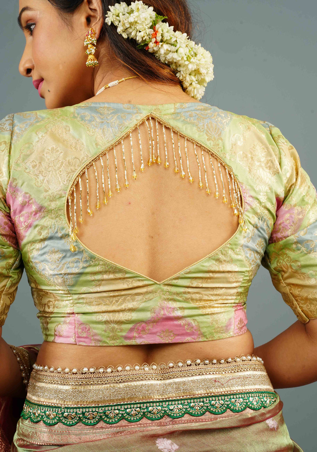 Banarasi Pastel Hued Blouse with Rangkaat Design Ombre and beaded trim back detailing, Customizable, Made to Order