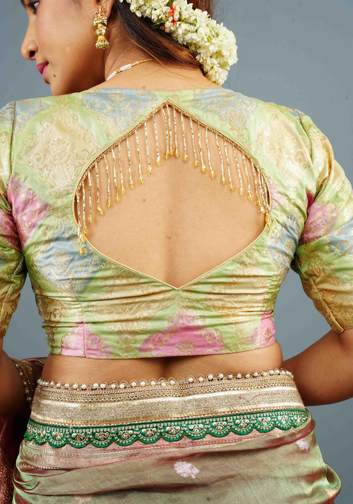 Banarasi Pastel Hued Blouse with Rangkaat Design Ombre and beaded trim back detailing, Customizable, Made to Order