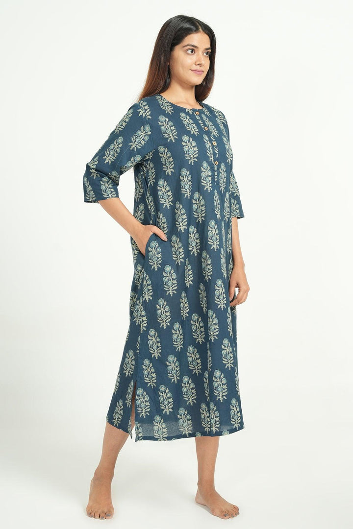 Hridaya Blue Cotton Butta Print Loose Fit Loungwear | SHOBITAM