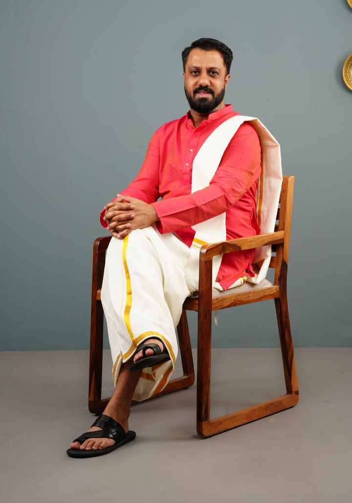 Men's Pink Coral Dual tone Cotton Solid Straight Kurta