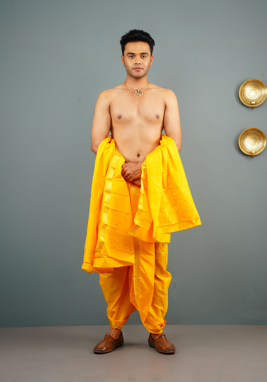Yellow Stitched Dhoti and Angavastram 2 PIece Set