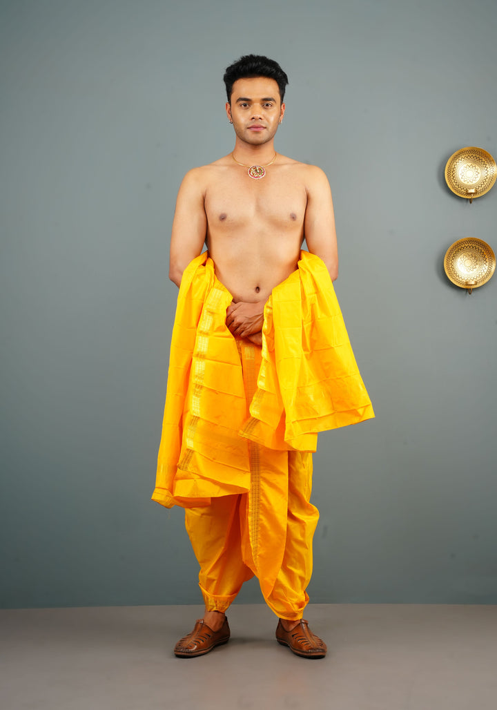 Yellow Stitched Dhoti and Angavastram 2 PIece Set