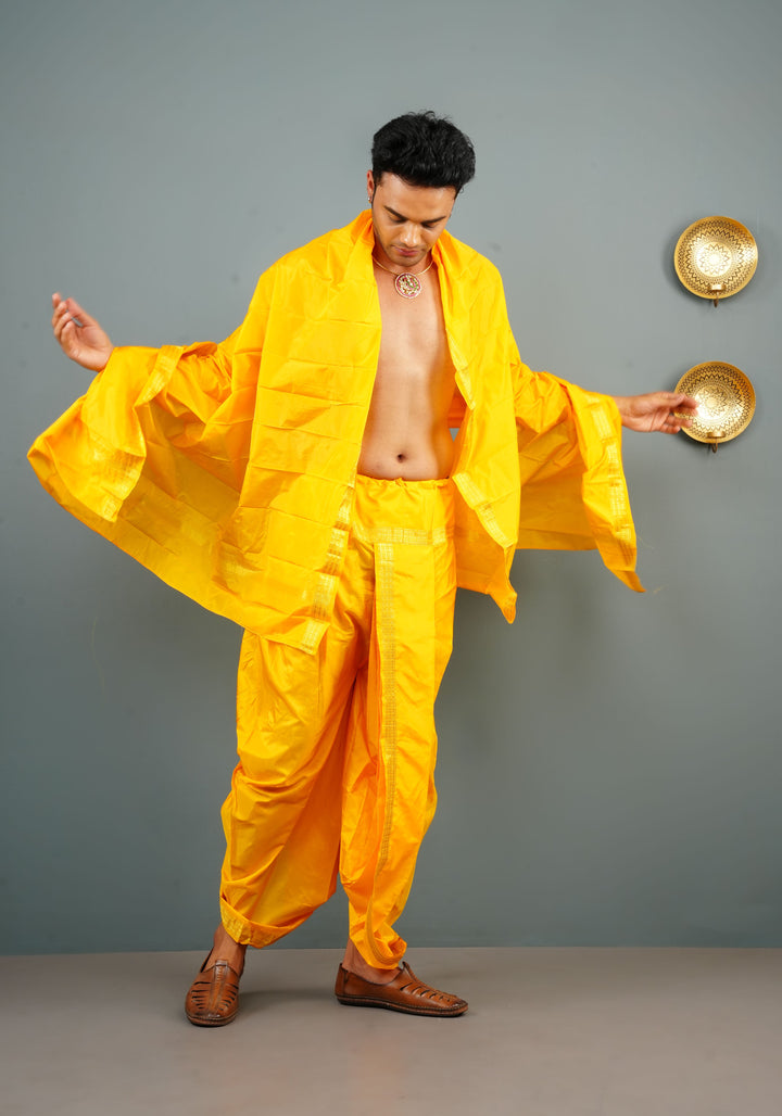 Yellow Stitched Dhoti and Angavastram 2 PIece Set