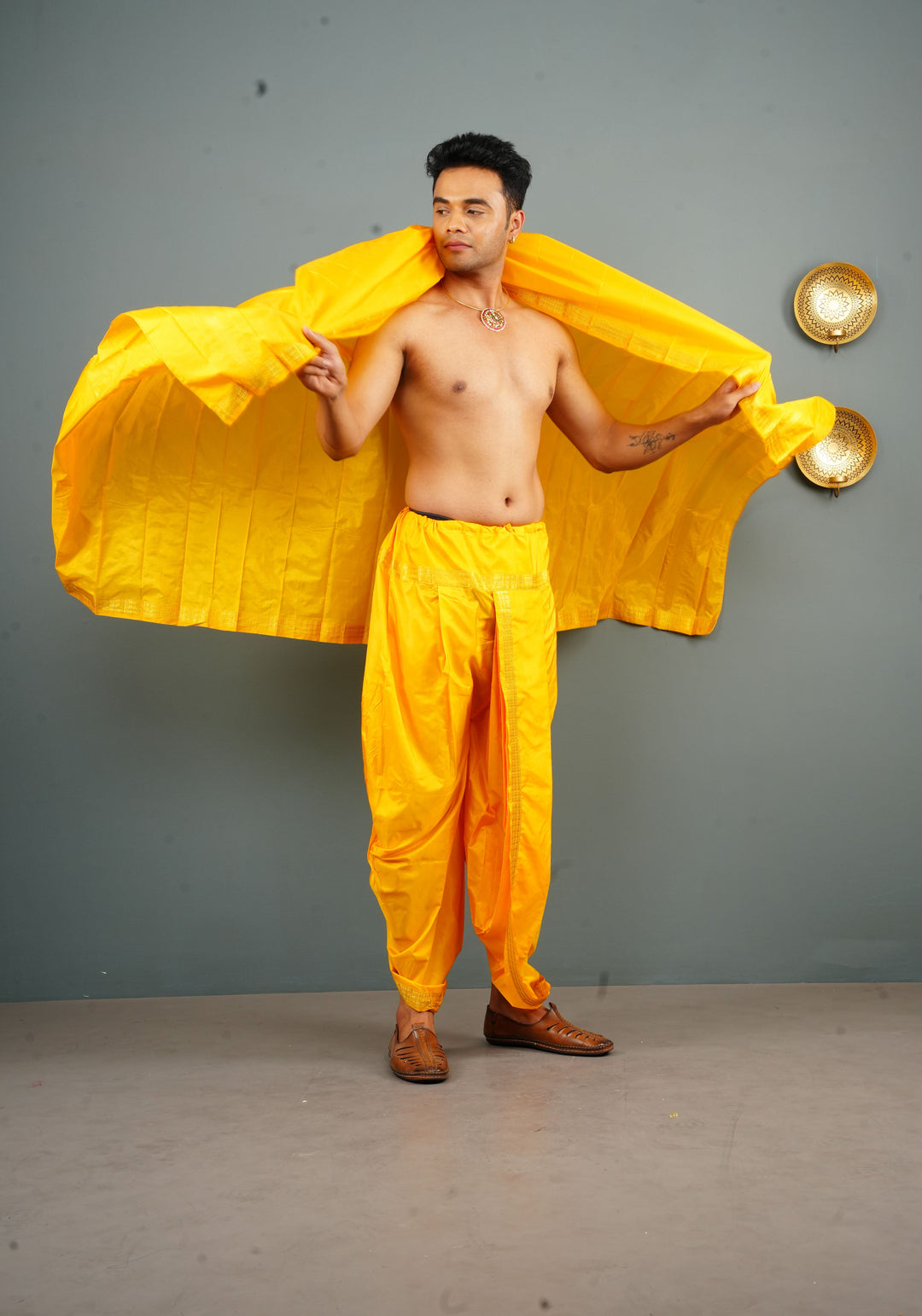 Yellow Stitched Dhoti and Angavastram 2 PIece Set