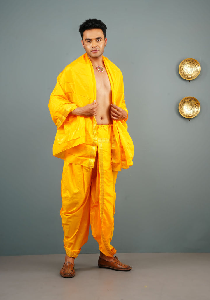 Yellow Stitched Dhoti and Angavastram 2 PIece Set