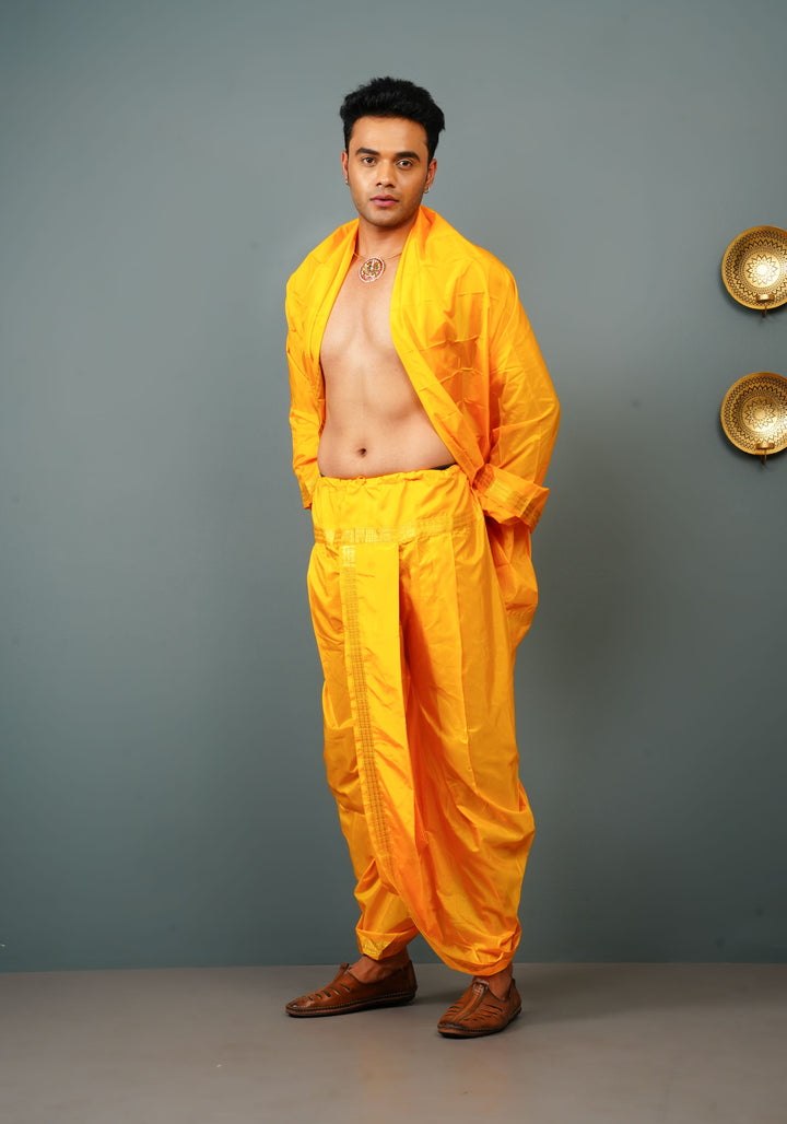Yellow Stitched Dhoti and Angavastram 2 PIece Set