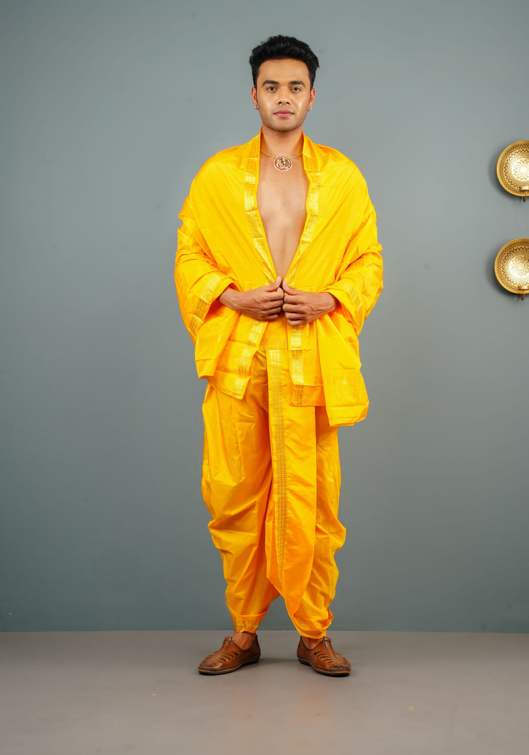 Yellow Stitched Dhoti and Angavastram 2 PIece Set