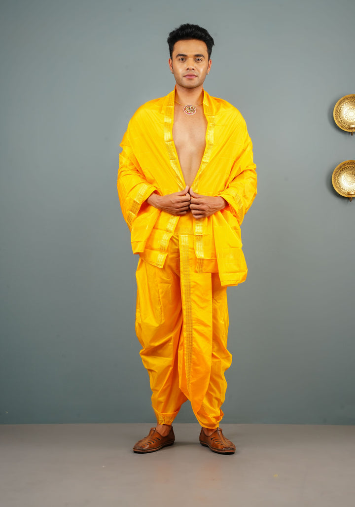 Yellow Stitched Dhoti and Angavastram 2 PIece Set
