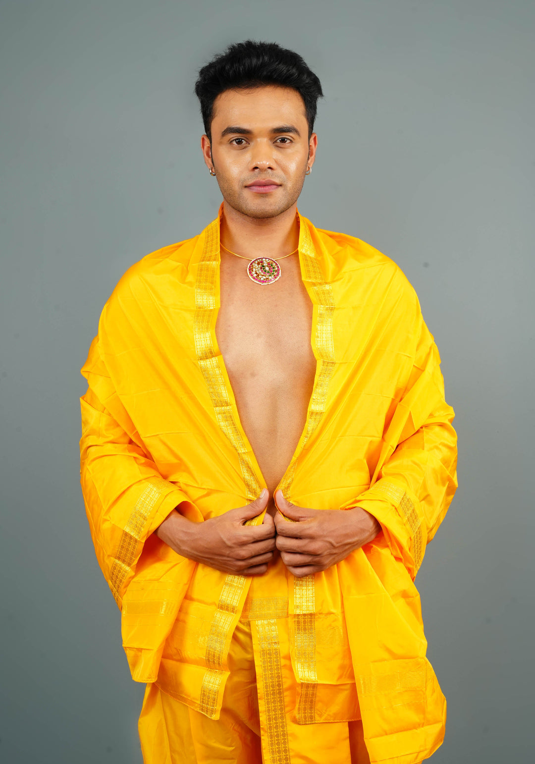 Yellow Stitched Dhoti and Angavastram 2 PIece Set