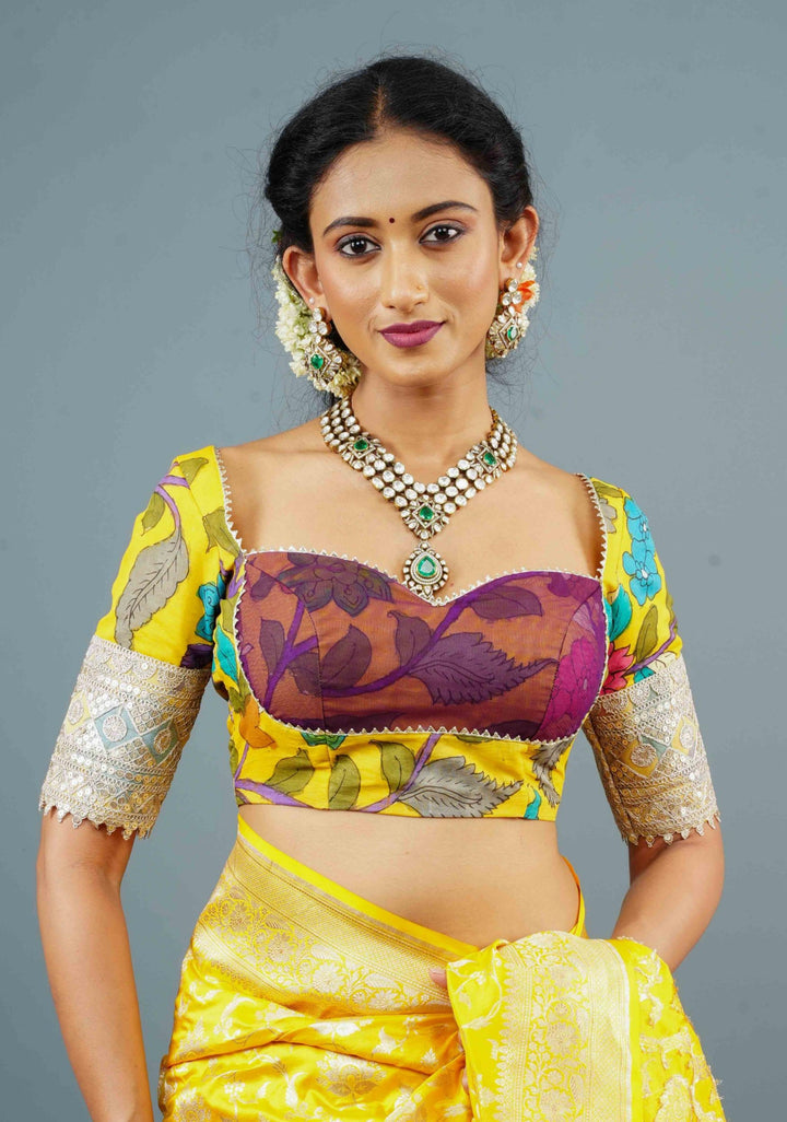 Pure Pen Kalamkari Bustier Blouse in Yellow with with Net and Lace detailing, Customizable, Made to Order