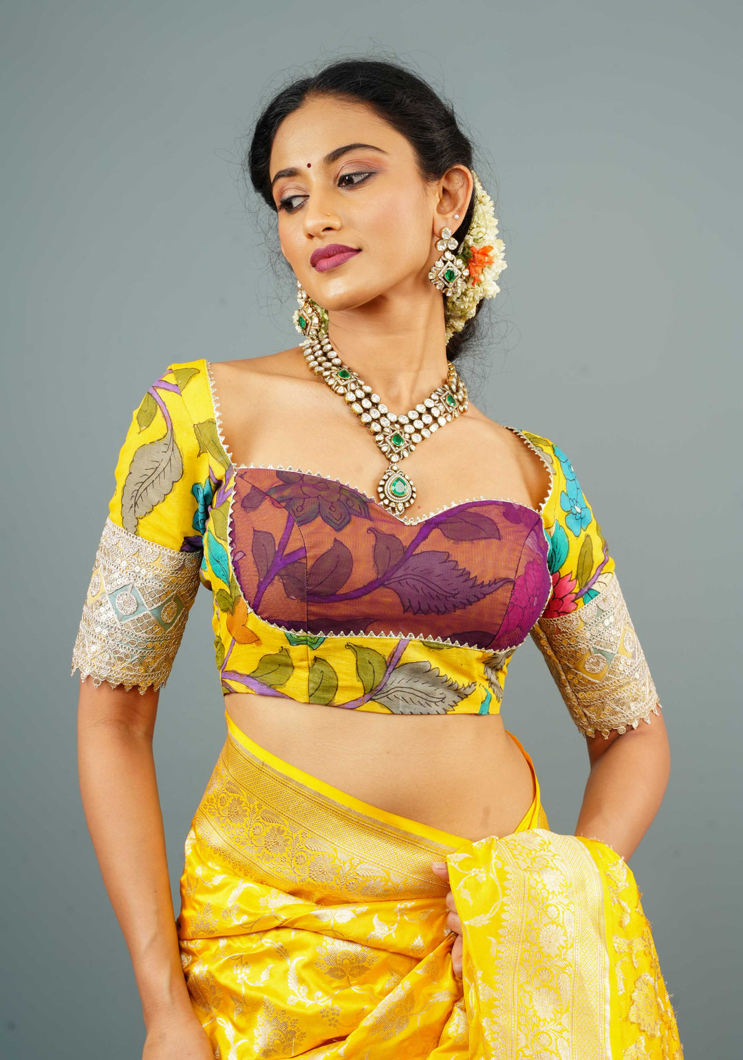 Pure Pen Kalamkari Bustier Blouse in Yellow with with Net and Lace detailing, Customizable, Made to Order
