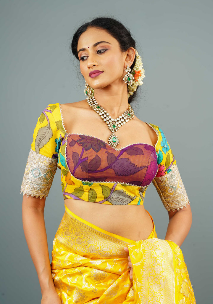 Pure Pen Kalamkari Bustier Blouse in Yellow with with Net and Lace detailing, Customizable, Made to Order