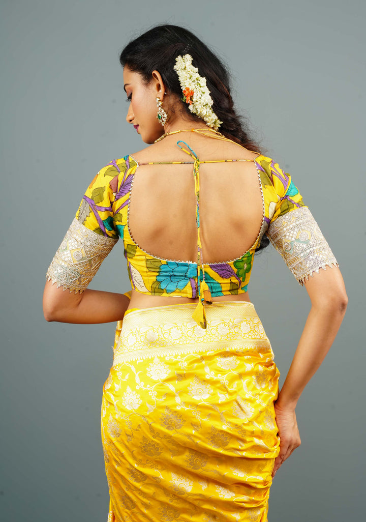 Pure Pen Kalamkari Bustier Blouse in Yellow with with Net and Lace detailing, Customizable, Made to Order