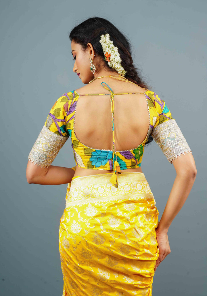 Pure Pen Kalamkari Bustier Blouse in Yellow with with Net and Lace detailing, Customizable, Made to Order