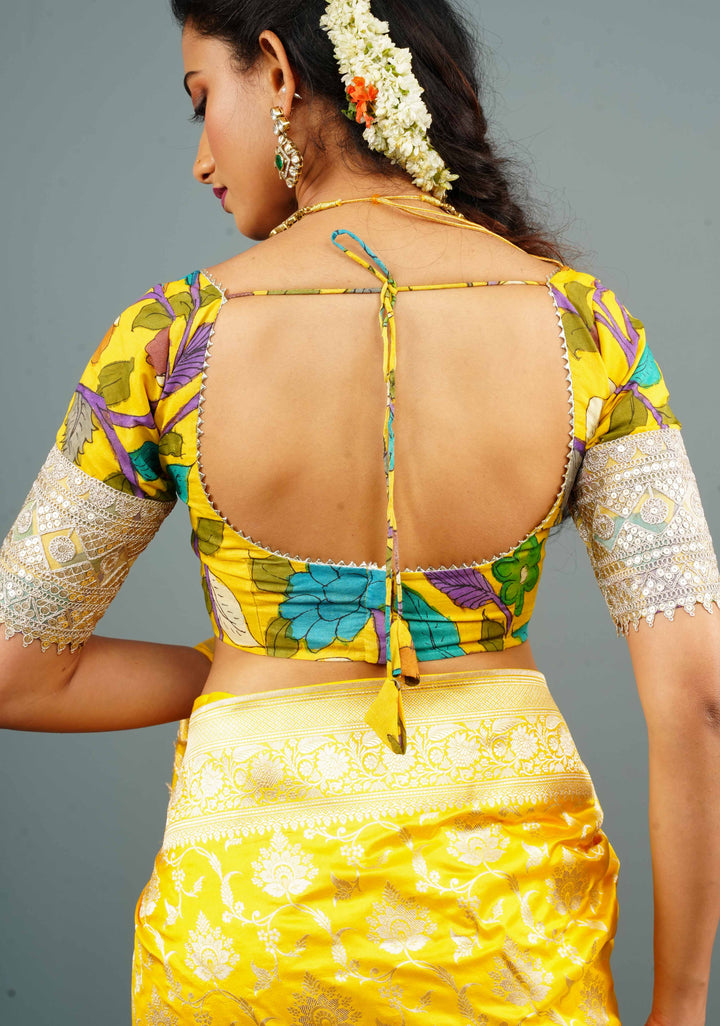 Pure Pen Kalamkari Bustier Blouse in Yellow with with Net and Lace detailing, Customizable, Made to Order