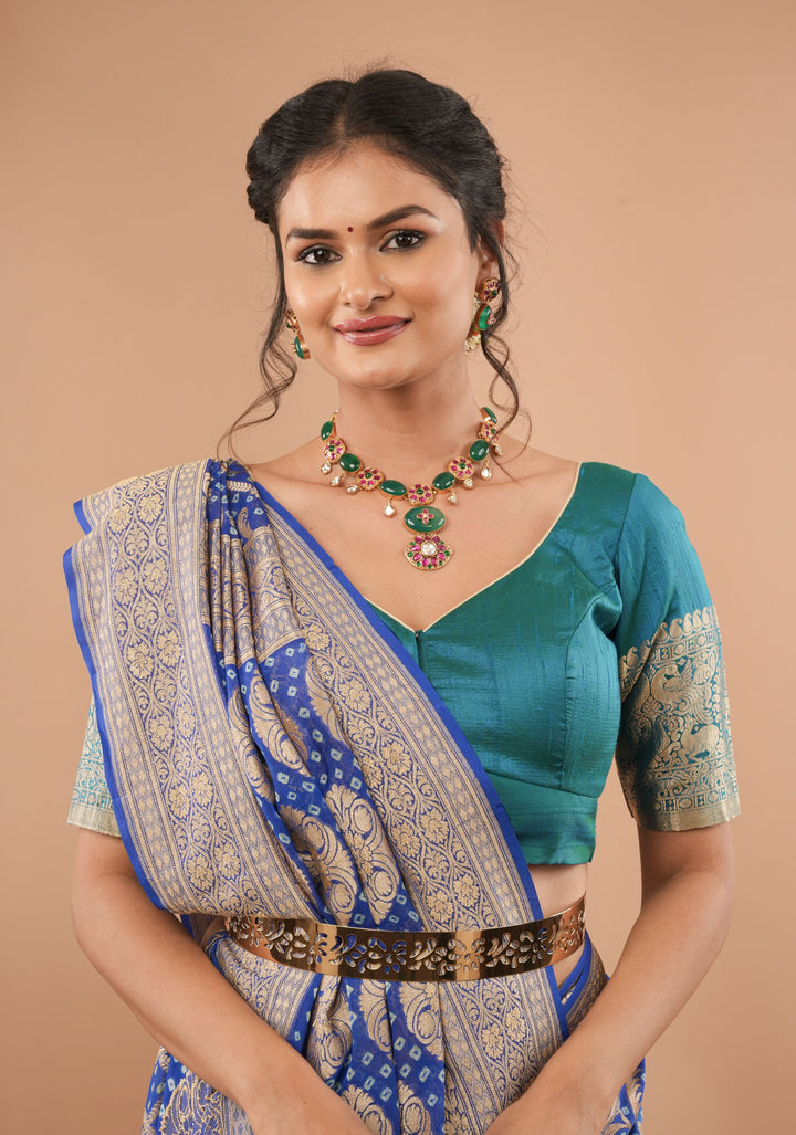 Turquoise Pure Raw silk blouse with Vanasingaram borders, Customizable, Made to Order