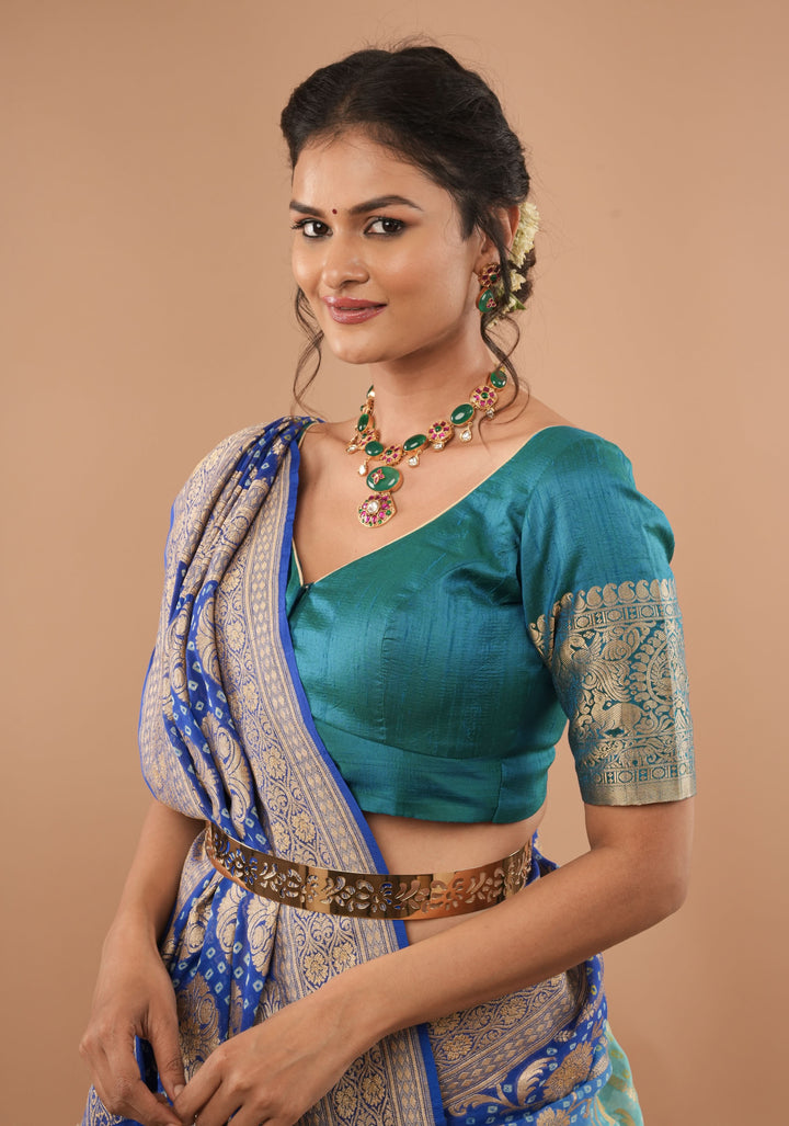 Turquoise Pure Raw silk blouse with Vanasingaram borders, Customizable, Made to Order