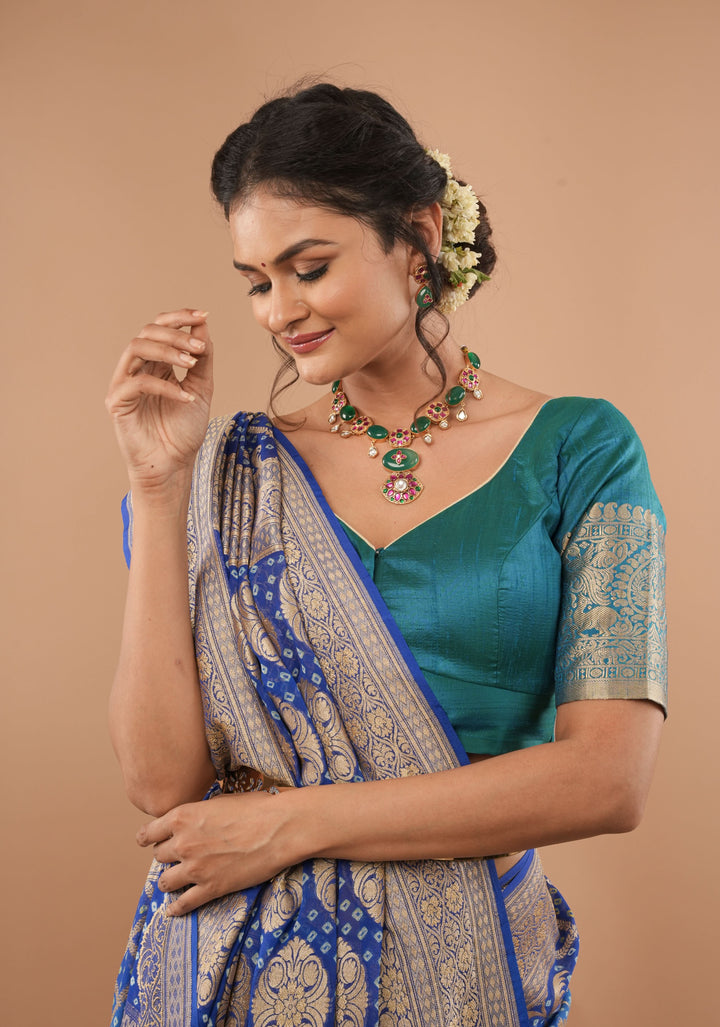 Turquoise Pure Raw silk blouse with Vanasingaram borders, Customizable, Made to Order