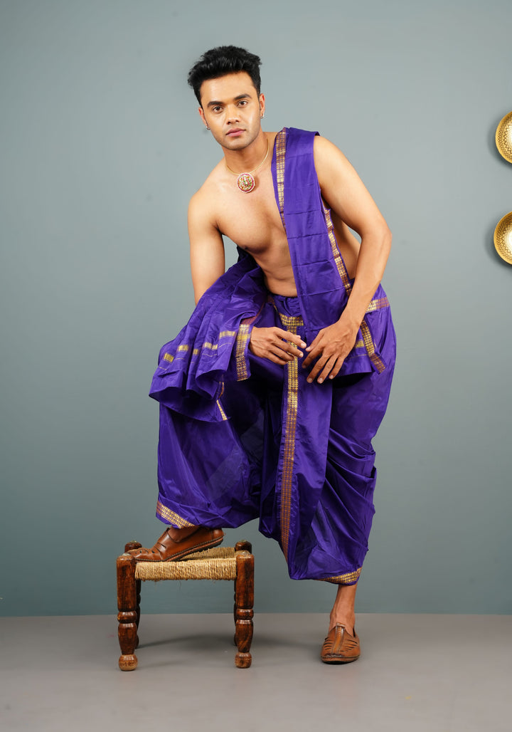 Ink Purple Stitched Dhoti and Angavastram 2 piece set for Men | SHOBITAM