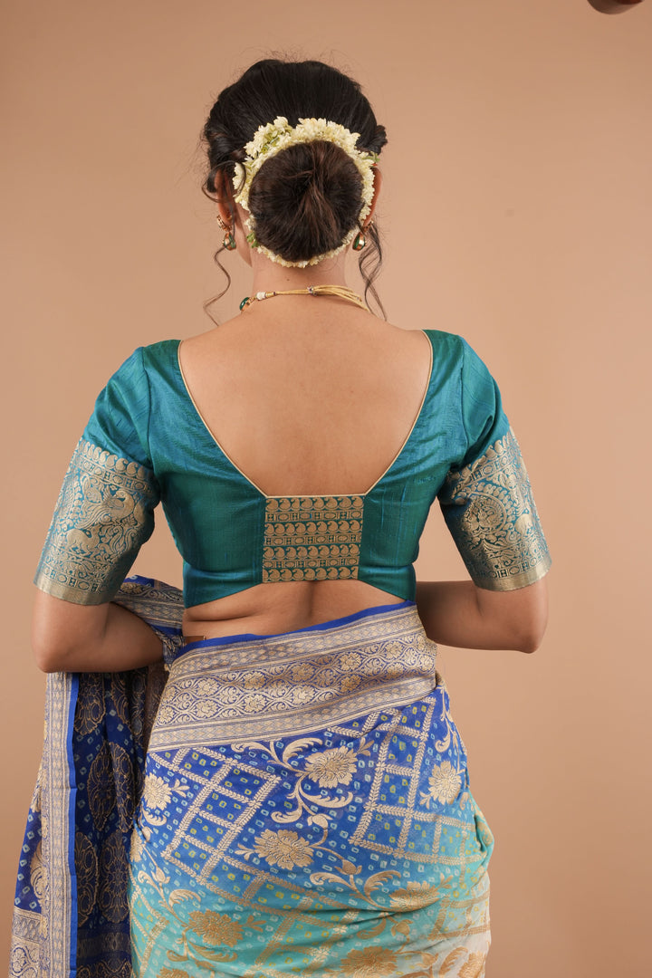 Turquoise Pure Raw silk blouse with Vanasingaram borders, Customizable, Made to Order