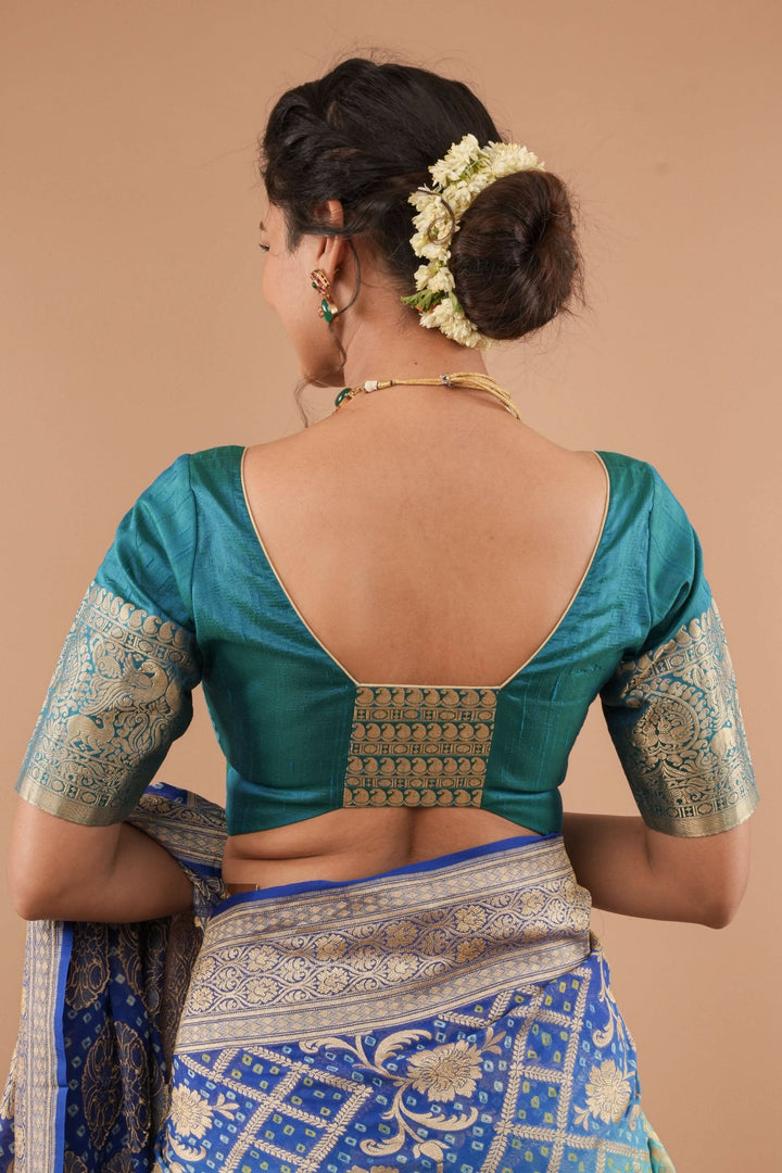 Turquoise Pure Raw silk blouse with Vanasingaram borders, Customizable, Made to Order