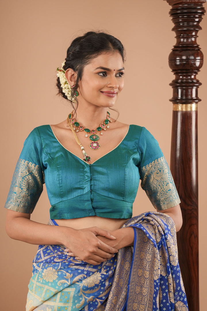 Turquoise Pure Raw silk blouse with Vanasingaram borders, Customizable, Made to Order