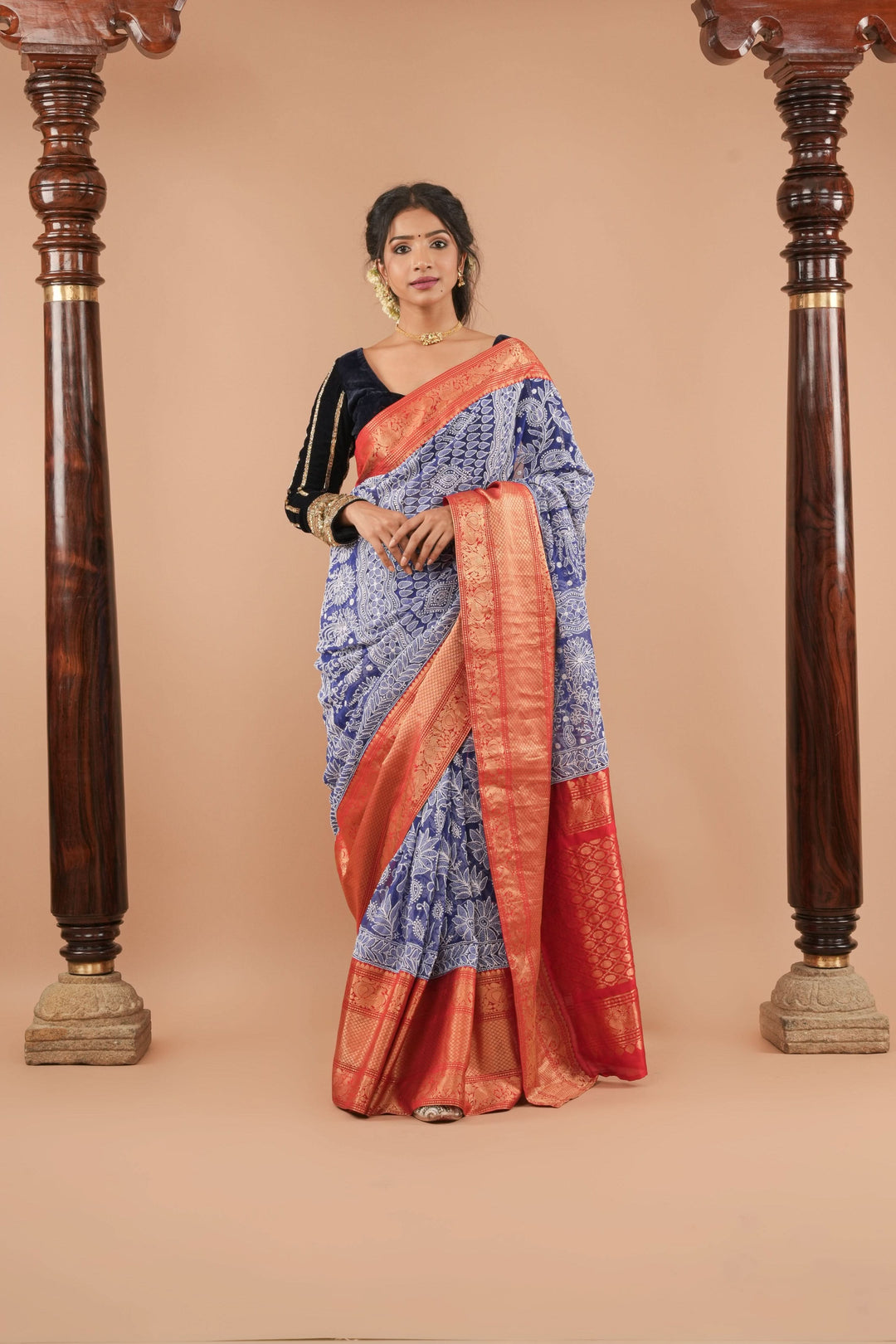 Blue Fusion Saree with Hand Chikankari on georgette, Pure Silk Kanjivaram  Borders and Pallu