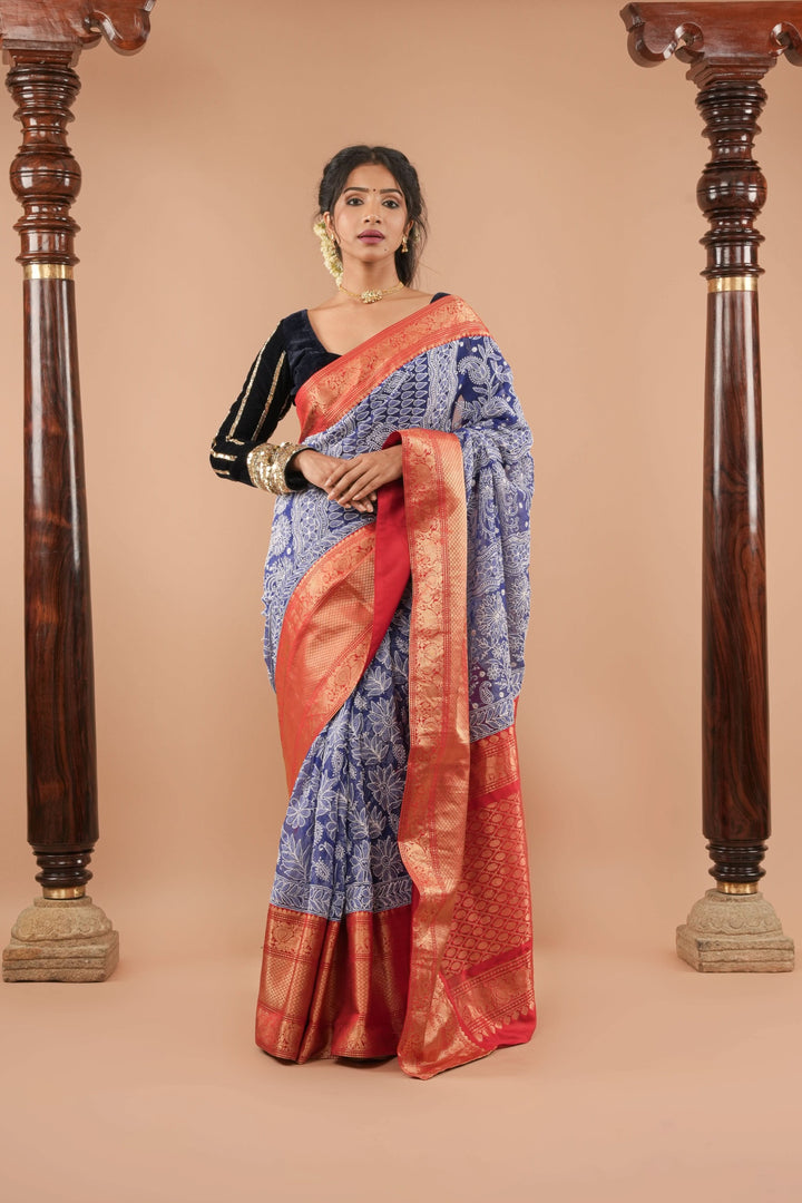 Blue Fusion Saree with Hand Chikankari on georgette, Pure Silk Kanjivaram  Borders and Pallu