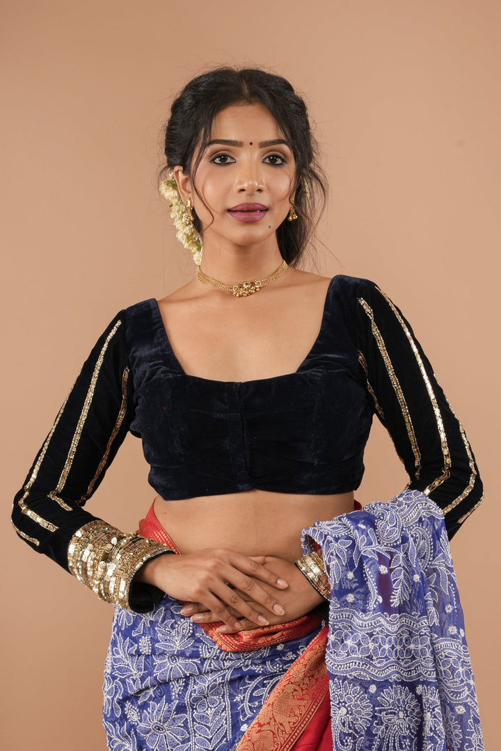 Navy Blue velvet blouse with asymmetric vertical designs sequin handwork | Made to Order