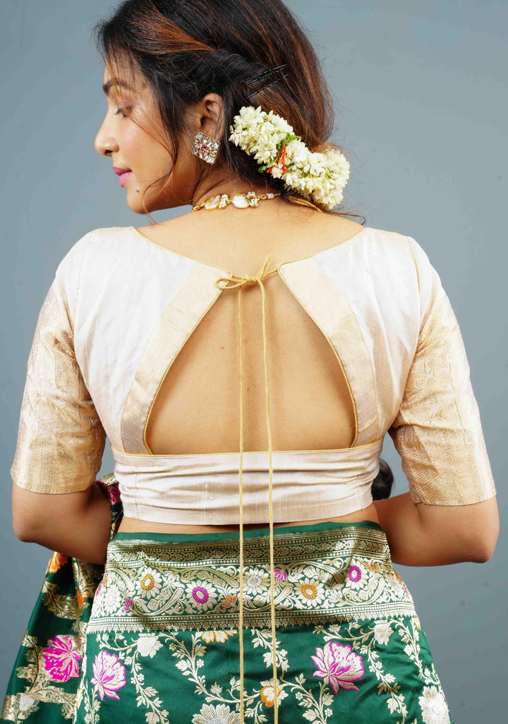 Ivory Gold Pure Tissue Raw Silk Blouse with Wide Zari Sleeves, Customizable, Made to Order