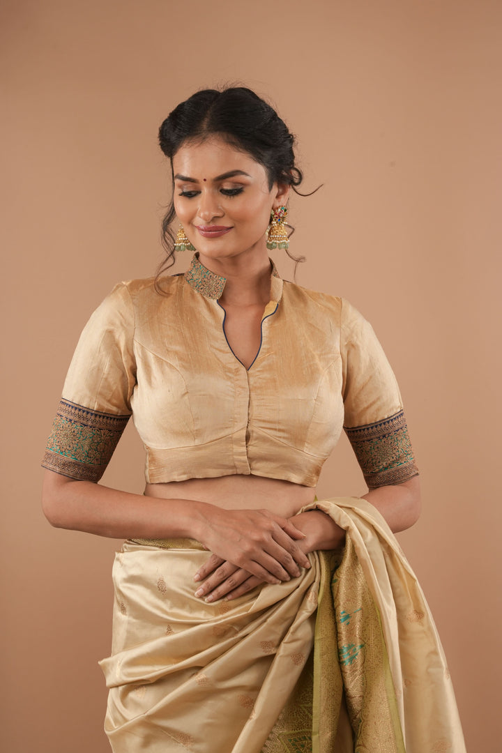 Sandalwood Pure Tissue  Raw Silk Blouse with blue green borders antique zari detailing, Customizable, Made to Order | SHOBITAM